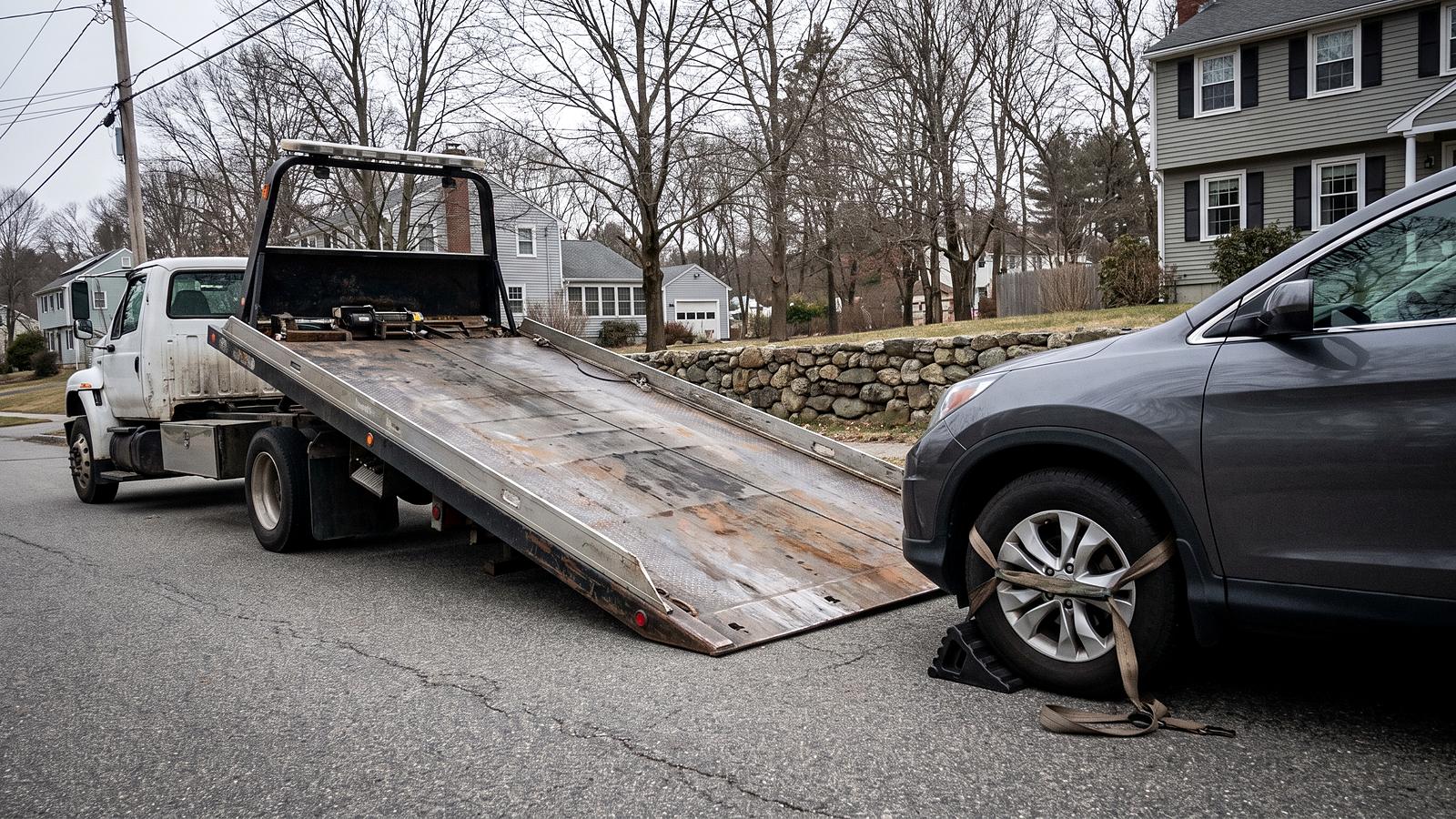 A flatbed tow truck's bed fully tilted to the pavement, a wheel strap on the front wheel of a dark grey SUV about to be loaded