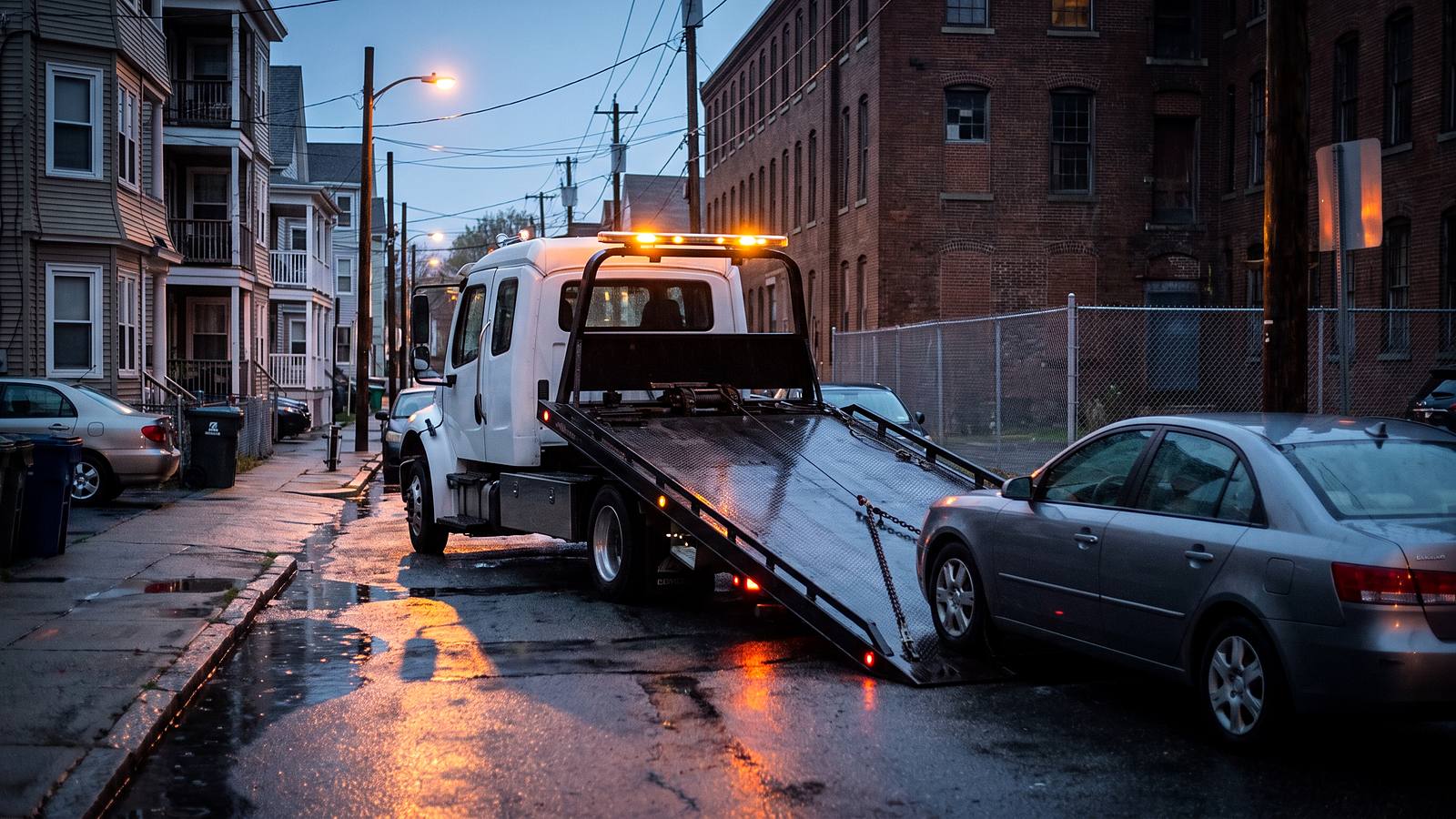 A flatbed tow truck loading a sedan with its bed tilted to the ground on a wet city street at dusk